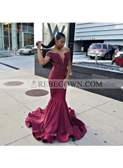 Burgundy Mermaid  Off Shoulder With Appliques Deep V Neck Elastic Satin Long Prom Dresses