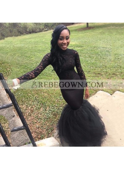 Sexy Black Mermaid  Lace Long Sleeves African Ladies Tulle High Neck Prom Dresses