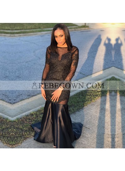 Long Sleeves See Through Black Sheath Long Elastic Satin Prom Dresses With Appliques