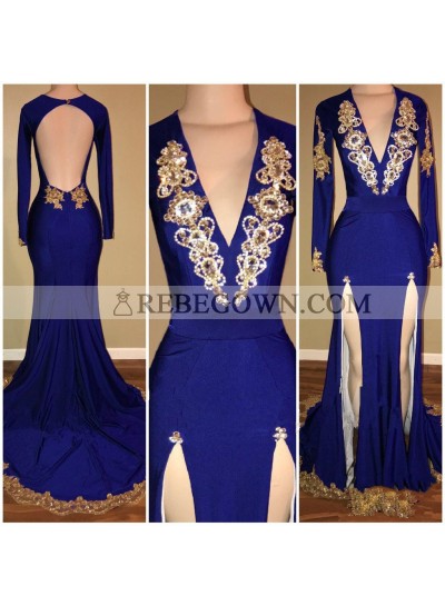 Amazing Royal Blue Sheath Slit Deep V Neck With Gold Beaded Backless Long Sleeves Long Prom Dresses