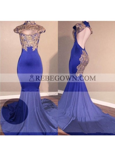 High Quality Mermaid  Royal Blue High Neck Backless Long Sleeves African Prom Dresses With Gold Appliques