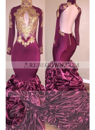 Sexy Mermaid  African Burgundy With Gold Appliques Ruffles Long Sleeves Backless Prom Dresses