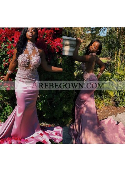 Alluring Mermaid  Pink High Neck African Long Train Backless See Through Prom Dresses 