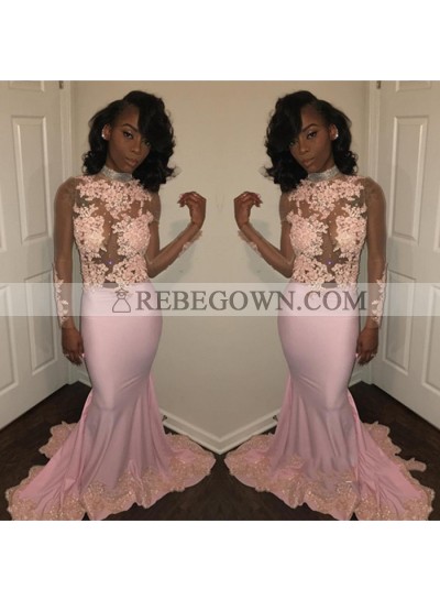 Cheap Pink Sheath See Through Long Sleeves African Long Prom Dresses