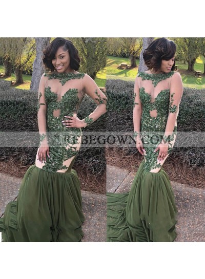 Green Mermaid  Long Sleeves See Through Long Sleeves 2023 African Prom Dresses