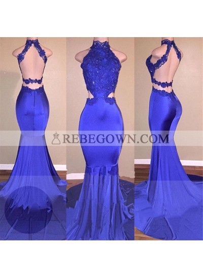 Sexy Mermaid  Royal Blue Backless With Appliques High Neck Long Prom Dresses