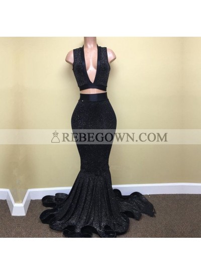 Sexy Mermaid  Black V Neck Two Pieces Sequence Long Prom Dresses