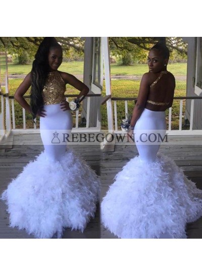 Sexy White With Gold Appliques Mermaid  Pleated Backless Elastic Satin African Prom Dresses