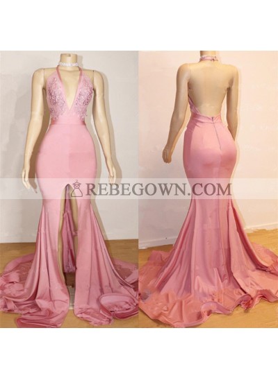 Sheath Pink Side Slit V Neck Backless Long High Waist Prom Dresses