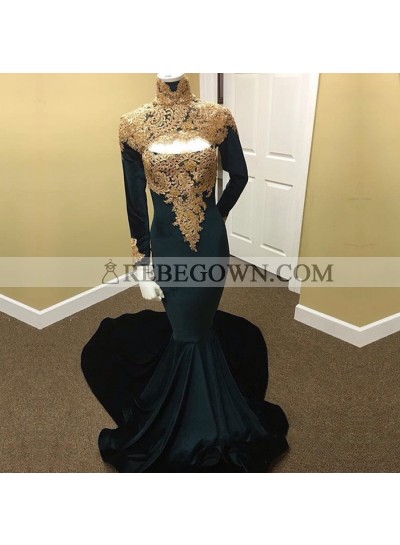 New Arrival Mermaid  Dark Green With Gold Appliques Long Sleeves High Neck Velvet African Prom Dresses