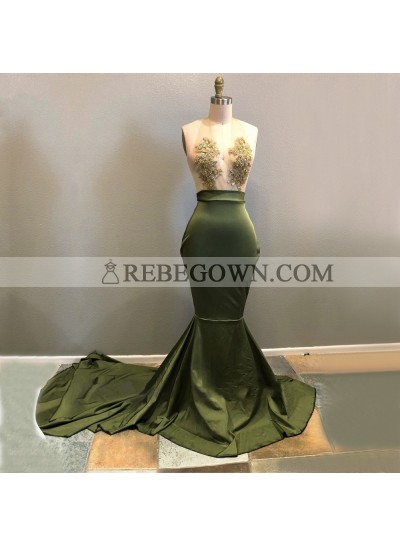 Long Green Halter Deep V Neck Elastic Satin With Appliques Backless Prom Dresses