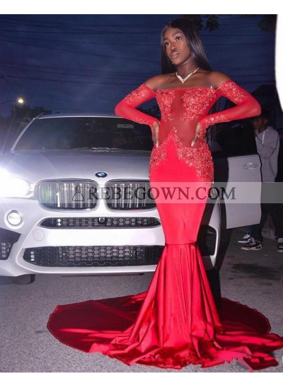 Sexy Red Off Shoulder Long Sleeves Mermaid  See Through Long Prom Dresses African  With Appliques