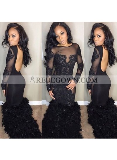 Amazing Black Mermaid  Pleated With Appliques Long Sleeves See Through Backless Prom Dresses