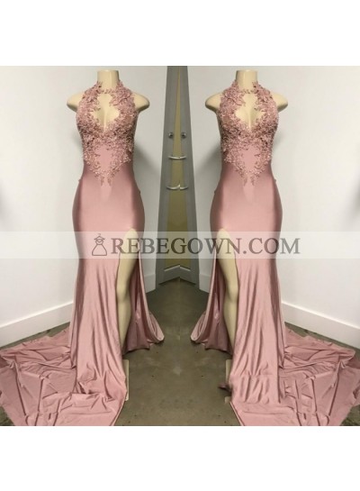 Charming Dusty Rose Side Slit High Neck With Appliques Open Front Long Prom Dresses