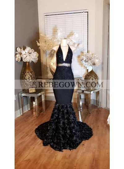 Sexy Black Mermaid  Halter V Neck Rose Backless Prom Dresses With Appliques