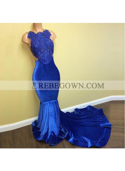 Sexy Royal Blue Mermaid  Backless Long Velvet Prom Dresses With Appliques