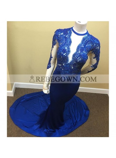 Amazing Royal Blue Mermaid  Long Sleeves Open Front Long See Through Prom Dresses