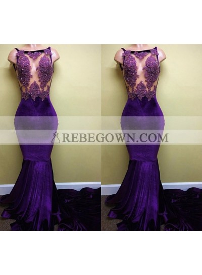 Charming Purple Mermaid  Lace Velvet Long Train See Through Prom Dresses
