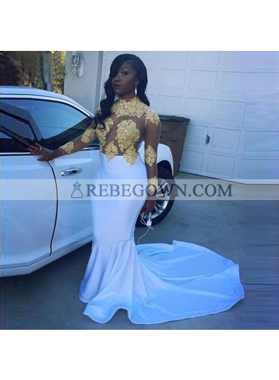 Long White Prom Dresses With Gold Appliques Mermaid  Long Sleeves See Through