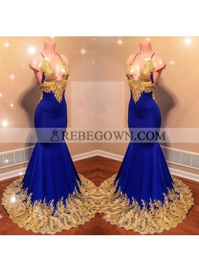 Amazing Royal Blue Mermaid  With Gold Appliques Sweetheart Spaghetti Straps Backless Prom Dresses