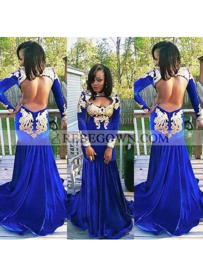 Sexy Mermaid  Royal Blue With Gold Appliques Velvet Long Sleeves African Backless Prom Dresses