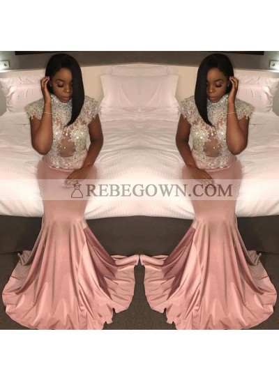 Charming Dusty Rose Sheath Beaded Capped Sleeves Open Front Long Prom Dresses