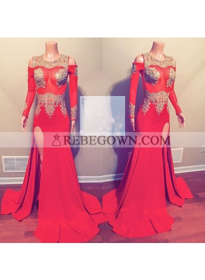 Red Long Sleeves Side Slit Beaded See Through Off Shoulder Prom Dresses 