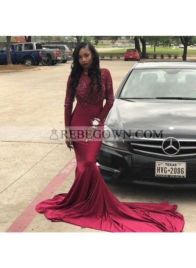 Sexy Burgundy Mermaid  Long Sleeves Long See Through Prom Dresses For African