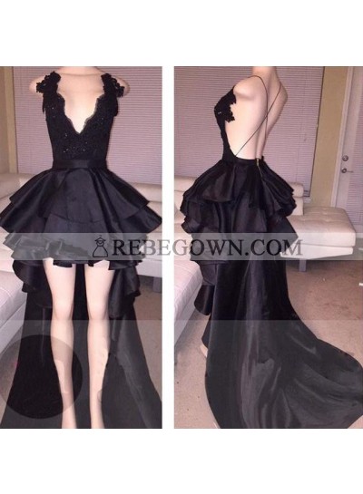 Cute A Line Black Backless High Low Ruffles Deep V Neck Lace Short Prom Dresses