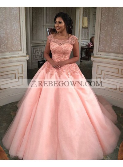 Elegant Ball Gown Pink Square Tulle High Waist Prom Dresses With Appliques