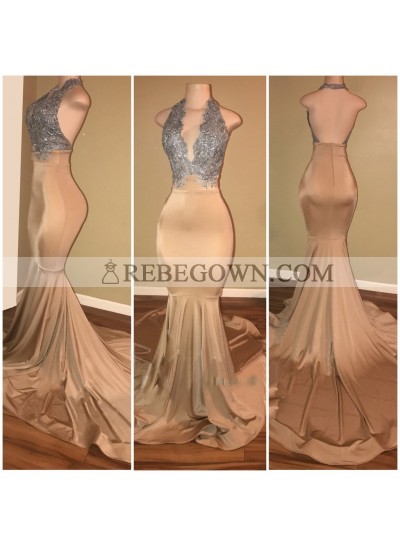 Sexy Champagne With Silver Appliques Mermaid  Deep V Open Front Backless Long Prom Dresses