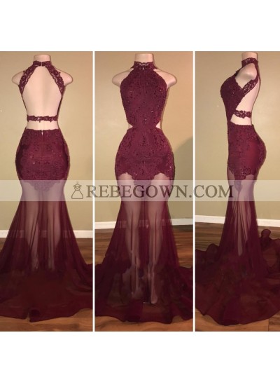 Burgundy Mermaid  See Through Backless Tulle African Prom Dresses With Appliques