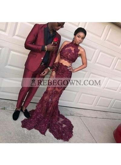 New Arrival Sheath Burgundy Two Pieces Beaded See Through High Neck Prom Dresses