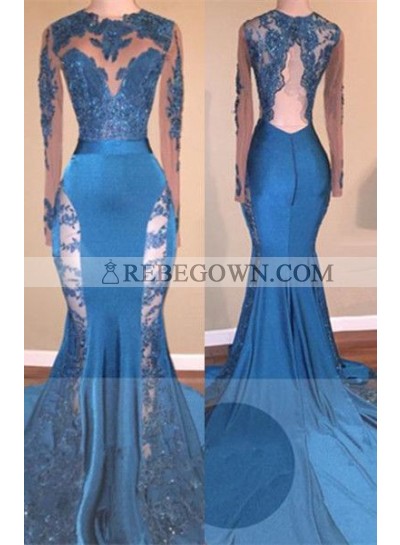 New Arrival Mermaid  Blue Lace Backless Long Sleeves Long Prom Dresses