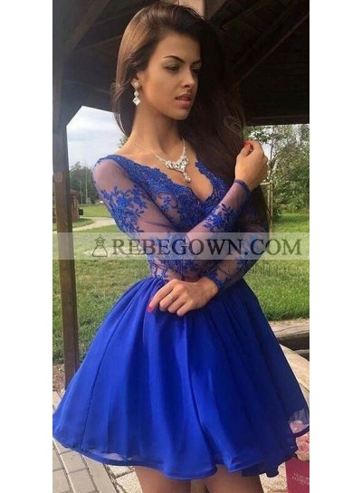 Knee Length Royal Blue V Neck Long Sleeves Organza See Through Short Prom Dresses