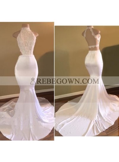 White Mermaid  Backless Long African High Neck Lace Long Prom Dresses