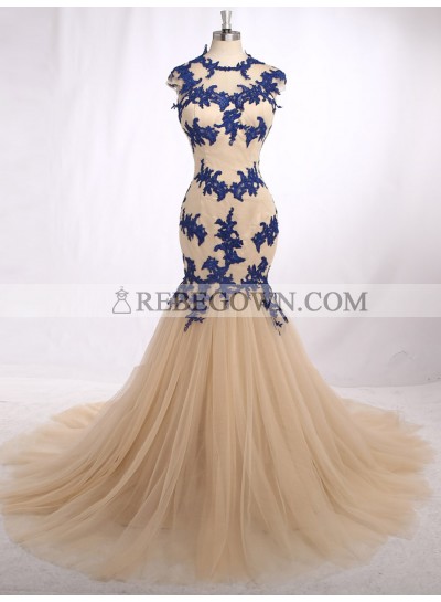 Elegant Mermaid  Champagne With Blue Appliques Tulle Sleeveless Long Prom Dresses