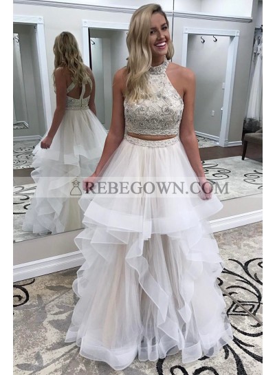 Amazing A Line Tulle White Two Pieces Beaded Halter Prom Dresses