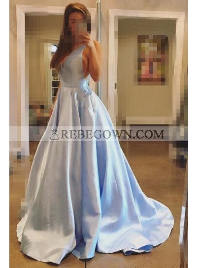 Cheap A Line V Neck Satin Light Sky Blue Backless Long Prom Dresses