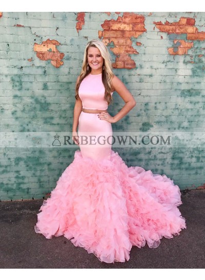 Sexy Mermaid  Pink Two Pieces Elastic Satin Ruffles Pleated Long Prom Dresses 2023