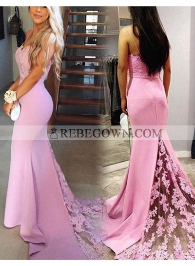 Elegant Pink Sheath Sweetheart Spaghetti Straps Lace Long Prom Dresses