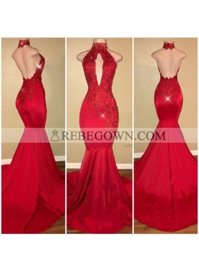 Sexy Mermaid  Red High Neck Backless African Open Front Long Prom Dresses