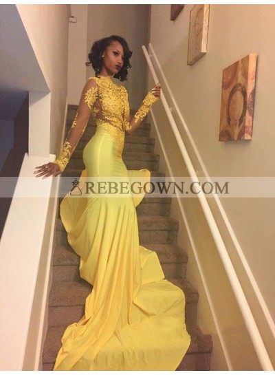Amazing Yellow Long Sleeves Mermaid  African High Neck Long Prom Dresses