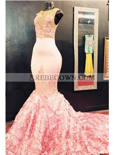 Sexy Mermaid  Dusty Rose See Through Crew Neck Long African Prom Dresses With Appliques