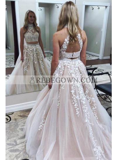 New Arrival A Line Pearl Pink Tulle High Neck Two Pieces Prom Dresses