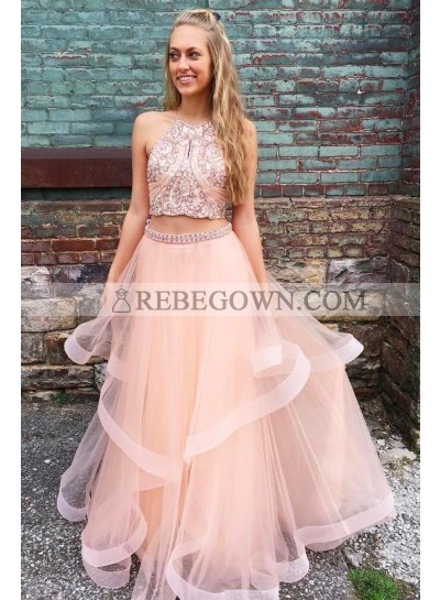 New Arrival A Line Tulle Halter Two Pieces Pink Ruffles Prom Dresses