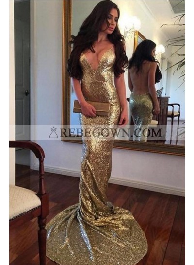 Sexy Gold Mermaid  Backless Deep V Neck Sequence Spaghetti Straps Long Prom Dresses