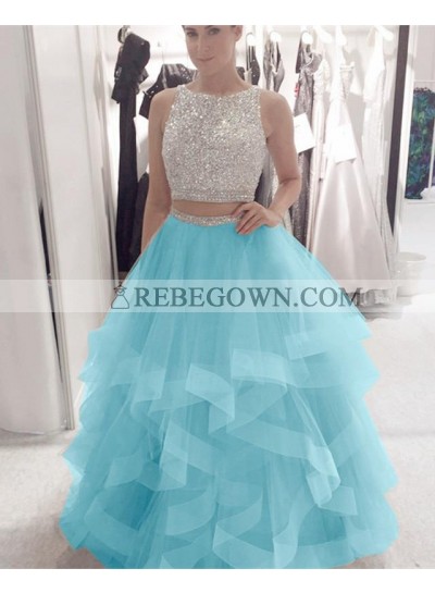 Amazing A Line Ruffles Tulle Two Pieces Beaded Champagne Prom Dresses