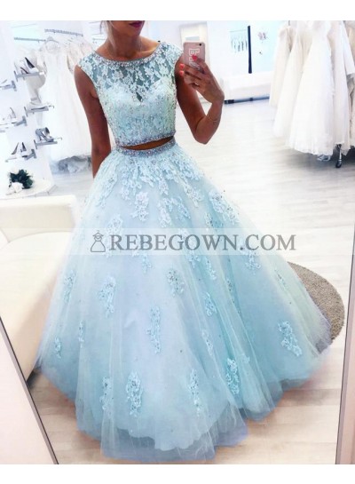 New Arrival Blue Two Pieces Tulle Beaded Ball Gown Prom Dresses