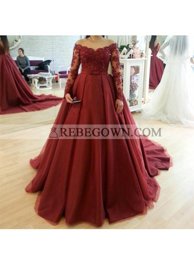 Off Shoulder Burgundy Long Sleeves Bowknot Tulle Ball Gown Prom Dresses